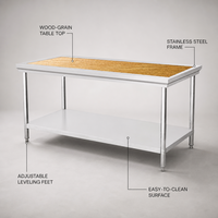 Plan de travail en acier résistant à la rouille, surface en bois grain noyer, étagère double niveau, pieds réglables, revêtement auto-nettoyant, cuisine