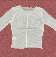 T-shirt lengan panjang jala transparan Logo kustom kaus atasan jaring Fitting ramping cetak Allover untuk wanita