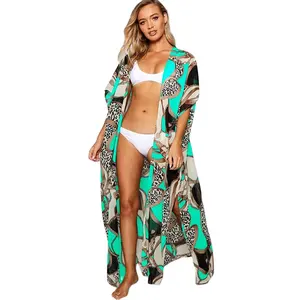 fashion beachwear women kimono short sleeve chain printing cover up ladies quick dry polyester kimonos