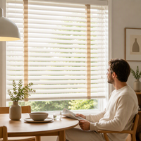 Persianas Venecianas de Madera Horizontales Simples de 50 mm, Pintadas de Blanco, con Diseño de Espiga Ancha, Cinta de Tracción, Tamaño Personalizado, para Comedor, OEM