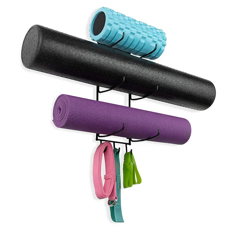 Jh-mech Wall Mount Yoga Mat Con Lăn Bọt Và Giá Treo Khăn Với 3 Móc 3 Giá Đỡ Thảm Yoga Kim Loại