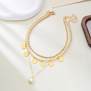 <span class=keywords><strong>Collier</strong></span> multicouche en alliage de perles plaqué or avec pendentif pièce de monnaie, style affirmé pour femme - Product Image 4