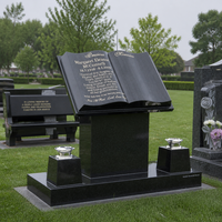 Monumento Funerario de Granito Negro Personalizado, Lápida con Biblia Abierta Tallada, Placa Conmemorativa para Cementerio con Floreros de Granito