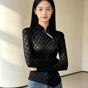 Chemisier <span class=keywords><strong>à</strong></span> <span class=keywords><strong>carreaux</strong></span> rétro pour femme, col montant, patte de boutonnage oblique, avec boucle, coupe ajustée, taille cintrée, polyvalent, pour l'automne - Product Image 2