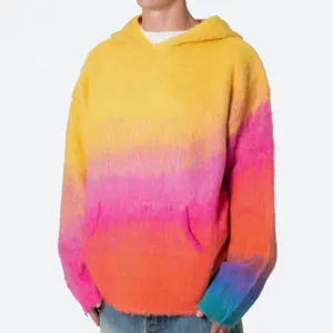 Fashion Men'S Polyester Nylon Brushed Gradient Knit Sweaters Custom Multi Color Graphic Pullover Oversized Baggy Fleece Hoodie