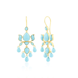 Turquoise Cabochon Lotus Chandelier <b>Earrings</b> in Yellow <b>Gold</b> Elegant 18k yellow <b>gold</b> <b>dangle</b> <b>earrings</b> feature a floral motif set - Product Image 1