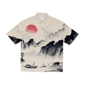 2024批发男式新中式风景图案衬衫中式休闲宽松短袖衬衫 - Product Image 1