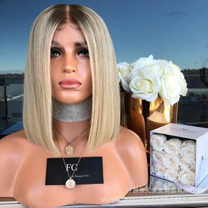 Peluca Bob de oro negro de 12 "con frente de encaje, peluca de pelo recto <span class=keywords><strong>corto</strong></span> sintético resistente al calor con parte media y cuero cabelludo simulado para mujer - Product Image 1