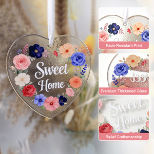 Plaque en verre personnalisée élégante avec motif floral, ornement en verre fusionné en forme de cœur, texte personnalisable, cadeau pour la fête des mères - Product Image 2