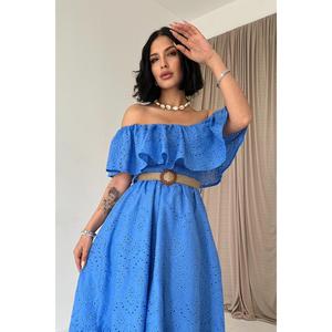 Vestido maxi azul bebé bordado con hombros descubiertos, corte en A con hombros elásticos para adultos, vestidos de fiesta. - Product Image 3