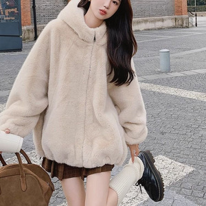 White <b>Faux</b> <b>Mink</b> <b>Fur</b> Hooded <b>Coat</b> Zipper Closure Women's Winter Outerwear Medium Thickness Regular Sleeves - Product Image 3