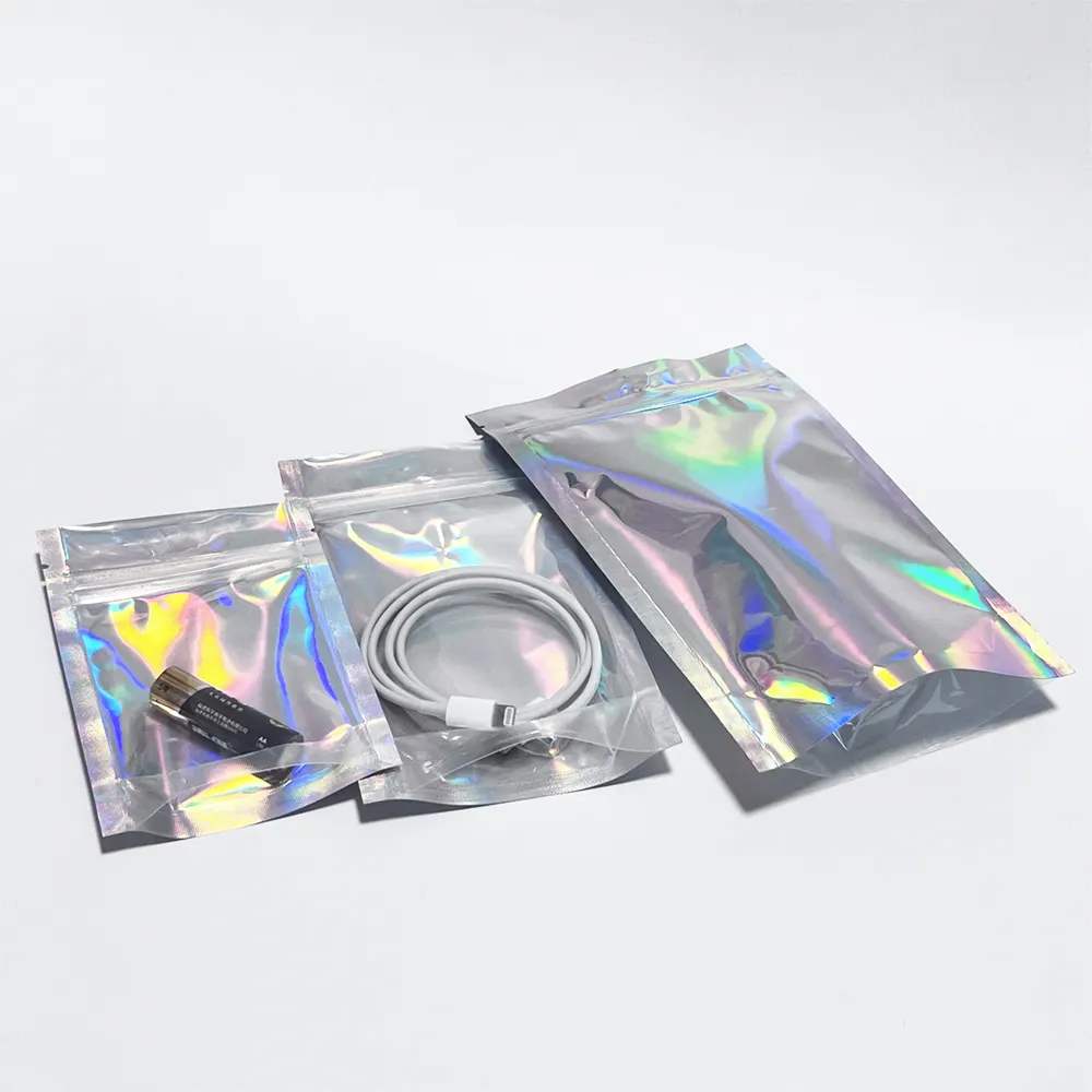 holographic mylar bag plastic ziplock stand up pouch clear one side transparent smell proof bag