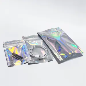 Bolsa holográfica de mylar, bolsa de plástico ziplock de pie, bolsa transparente a prueba de olores de un lado