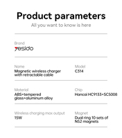 Yesido C314 360 support de téléphone de charge sans fil 15W magnétique en alliage d'aluminium réglable avec câble rétractable