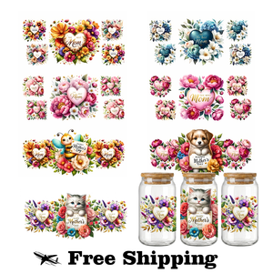Adhesivo floral UV DTF para vasos de 16 oz con diseño de gatitos y cachorros para el Día de la Madre, ideal para regalar a mamás felices. - Product Image 1