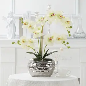 Artificial Phalaenopsis Silver Ceramic Pot Bonsai Set With Glue Feel Home Decoration Orchid Ornaments Fake Flower Potted Plants