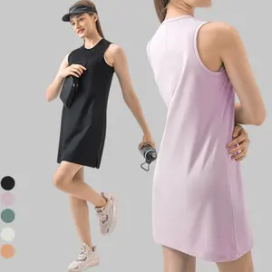 Vestido midi de cetim para mulheres, vestido casual de tênis com gola redonda e sem mangas, novo design personalizado com logotipo personalizado