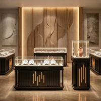 Meubles de présentation haut de gamme pour bijouterie, écologiques, avec vitrine en verre éclairée par LED, comptoir îlot et vitrine haute assortie