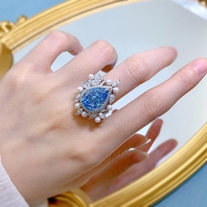 Nuovo Anello in Argento Sterling 925 con Diamante ad Alto Contenuto di Carbonio, <span class=keywords><strong>Acquamarina</strong></span> Blu Trendy 11x15mm a Goccia con Perla Incastonata - Product Image 5