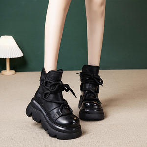 <span class=keywords><strong>Botas</strong></span> Chelsea para Mujer, Otoño Invierno, Nuevas, Retro, Punta Redonda, Media Pantorrilla, Cortas, con Cordones, Aumentan la Estatura, Cuero Genuino, Forro de Algodón, Suela de Goma - Product Image 1