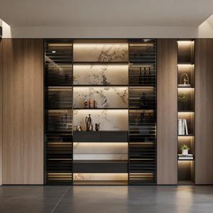 Meuble à vin moderne avec éclairage LED, dos en marbre, structure en métal, bois brun, buffet de rangement pour salon ou bar - Product Image 1