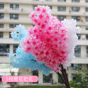 Branches de fleurs de cerisier artificielles Xinchengzhi, 5 branches, fleurs en soie plastique, rose clair, bleu clair, blanc, décoration de mariage et de la maison - Product Image 1