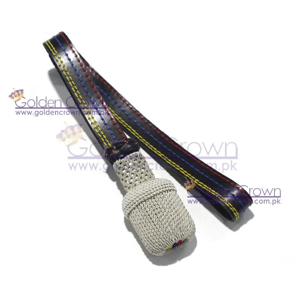 Sword knot, silver with black leather strap | Sword Knot Bullion And Leather