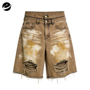 Pantalones Cortos de Mezclilla para Hombre XUCHANG, Diseño Personalizado OEM, Doble Cintura, Lavados, Desgastados, con Bajo sin Rematar, Estilo Vintage, 100% Algodón, Corte Holgado - Product Image 1