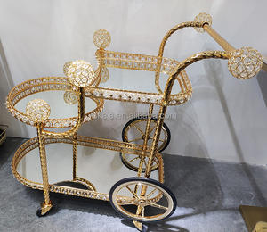 뜨거운 판매 속이 빈 다이닝 트롤리 웨딩 장식 꽃꽂이 이동 트롤리 유리 탑 골드 메탈 와인 티 트롤리 - Product Image 2