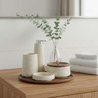 Ensemble d'accessoires de salle de bain de luxe 4 pièces en terrazzo, plateau en bambou, distributeur de savon en résine blanc crème, porte-brosse à dents, moderne et écologique