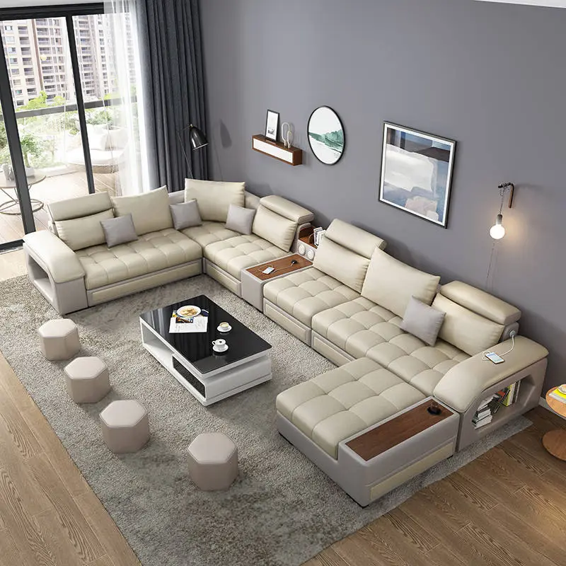आधुनिक लिविंग रूम सोफा सेट यू आकार के रिक्लिकेबल होम फर्नीचर के लिए लक्जरी माइक्रोफाइबर फैब्रिक सेक्शनल सोफा 7 सीटर एल
