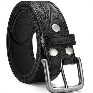 Ceinture en cuir de vachette brodée de fleurs vintage avec boucle rectangulaire argentée, design durable pour homme, style décontracté - Product Image 1