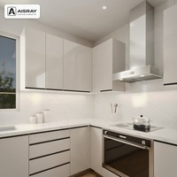 Meuble de cuisine modulaire avec portes en acrylique, aménagement en U de luxe, dimensions personnalisées, boîtes en panneaux mélaminés et rangements extractibles