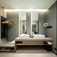 Ensemble de mobilier moderne pour chambre d'hôtel, appartement ou villa, en contreplaqué modulaire, comprenant meuble-lavabo, lit avec coffre et tête de lit, et bureau