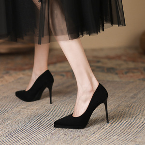 Korean Style Women's Elegant Suede <b>Pointed</b> Toe High Heels 10CM Fashionable Plaid Design Trendy Pumps for Party - Product Image 6