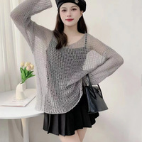 Pull en polyester à manches courtes pour femmes, col rond, découpe en dentelle tricotée à volants, service OEM solide