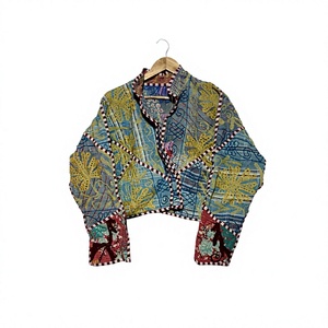 Veste courte en patchwork de coton Kantha tissé pour femme, légère, réversible, style pull à manches longues, automne-printemps - Product Image 1