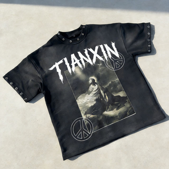 Custom Men's Oversized Black Graphic T-Shirt Vintage Washed DTG Screen Print 100% Cotton Streetwear Style