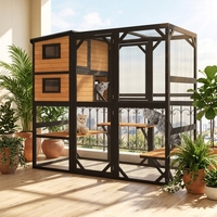 Maison pour chat d'extérieur moderne en bois de sapin massif avec toit en bois imperméable et plateforme multi-niveaux à motif imprimé