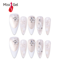 Miss Gel 32PCS Champagne Silver Glitter Press on Nails Long Stiletto White V French Snowflake Crystal Flower Glue on Nails