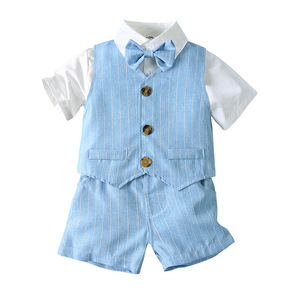 Ensemble 3 pièces pour bébé garçon : costume de gentleman avec nœud papillon, chemise blanche, <span class=keywords><strong>gilet</strong></span> et pantalon rayé – Tenue de cérémonie pour anniversaire, mariage, fête d'enfants - Product Image 4