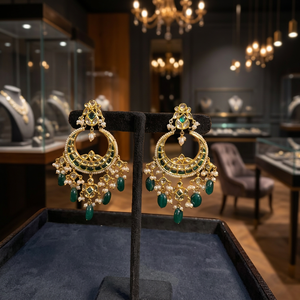 Magnifiques boucles d'oreilles Chandbali en or 18 carats, taille émeraude, bijoux de mariage avec motif en forme de lune et serti clos - Product Image 3