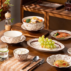 Service de table en céramique motif Épervier sur branche, compatible <span class=keywords><strong>micro</strong></span>-ondes, bols et assiettes, style pastoral, vaisselle de maison, cadeau de pendaison de crémaillère et de mariage - Product Image 4