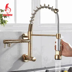 Wall Mount Spring Kitchen Faucet Pull Down Sprayer Dual Spout Cold Water Kitchen Tap Dual swing Spout 360 Rotation In Wall Tap