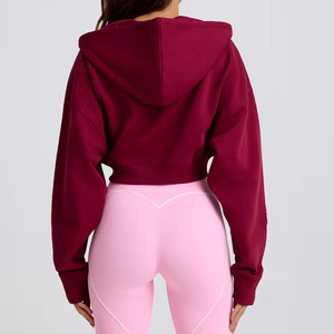 OEM Custom Casual Front Long Sleeve Lightweight Cotton Terry <b>Zip</b> <b>up</b> Oversized <b>Women</b> Workout Gym Cropped Hoodie <b>Jacket</b> - Product Image 5