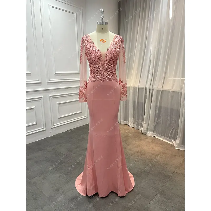 Factory Ready to Ship Women Elegant Birthday Party Pink Formal Evening Dresses Girls Alibaba Long Sleeve Prom Gown