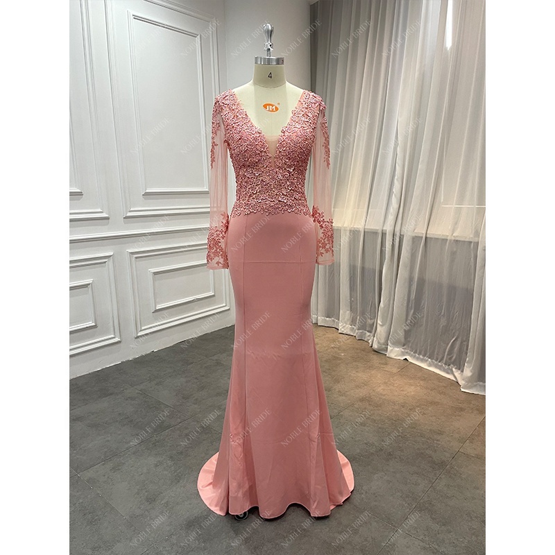 Factory Ready To Ship Women Elegant Birthday Party Pink Formal Evening Dresses Girls Long Sleeve Prom Gown