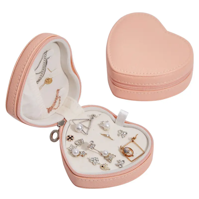 Wholesale Travel Small Heart Shape Velvet Joyero Jewelry Box Case Organizer for Ring Earring Necklace Pendant