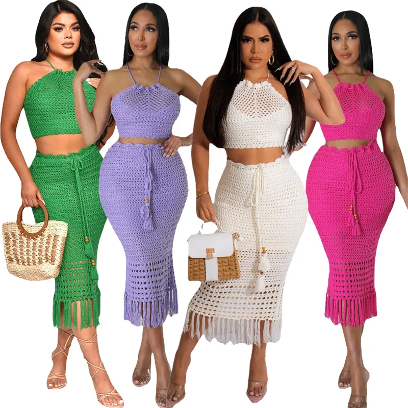 5XL été crochet gland frange maxi long skrit et dos nu débardeur 2 pièces grande taille ensemble tenue vêtements pour femmes grande taille