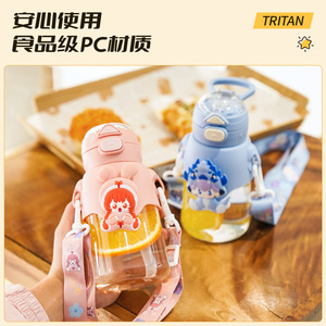 ขวดน้ำการ์ตูนสำหรับเด็กพร้อมสายสะพาย ฝาเปิดแบบพลิกพร้อมหลอดดูด พลาสติกปลอดสาร BPA สำหรับกิจกรรมกลางแจ้ง เดินป่า และกลับไปโรงเรียน - Product Image 4